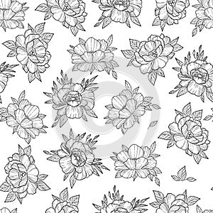 Peonies seamless floral pattern. Hand drawing art. Black and white vector illustration. Flowers oriental style. Vintage