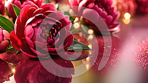 Peonies on shiny glass background. Red and pink colors, space for text.