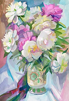 Peonies in a vase. Still life with a bouquet of flowers. Gouache painting