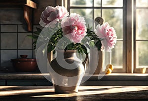 Peonies in a vase on a wooden table in country house