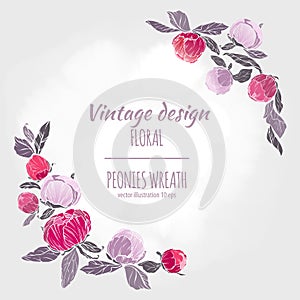 Peonies vector round frame.