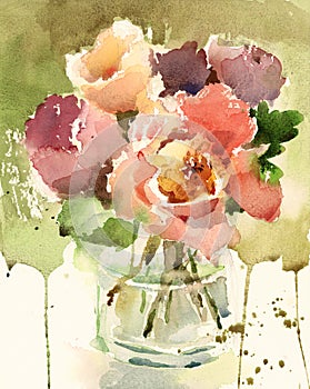 Peonies Watercolor Flowers Illustration Hand Painted