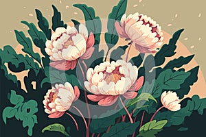 Peonies and wild flowers botanical natural peony Illustration background