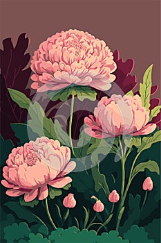 Peonies and wild flowers botanical natural peony Illustration background