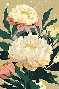 Peonies and wild flowers botanical natural peony Illustration background