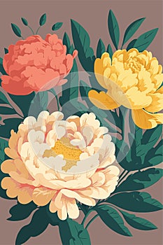 Peonies and wild flowers botanical natural peony Illustration background