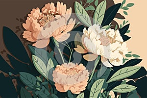 Peonies and wild flowers botanical natural peony Illustration background