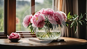 Peony bouquet in glass vase on the table