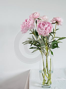 peony bouquet in vase on white table