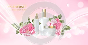 Peony cosmetic label of organic cosmetic and skin care cream. Peonies oil and cream. Moisturizer with Vitamins and