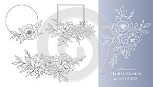 Peony Flower Line Art. Floral Frames and Bouquets Line Art. Fine Line Peony Frames