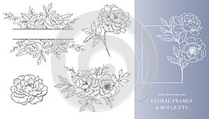 Peony Flower Line Art. Floral Frames and Bouquets Line Art. Fine Line Peony Frames