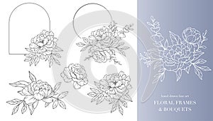Peony Flower Line Art. Floral Frames and Bouquets Line Art. Fine Line Peony Frames