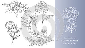 Peony Flower Line Art. Floral Frames and Bouquets Line Art. Fine Line Peony Frames