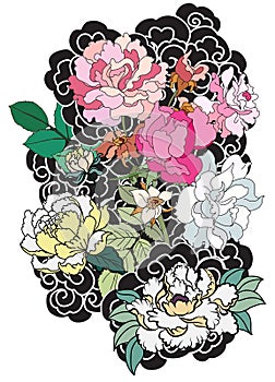 Peony flower and rose tattoo on cloud and wave background.Hand drawn Japanese tattoo style