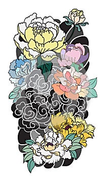 Peony flower and rose tattoo on cloud and wave background.Hand drawn Japanese tattoo style