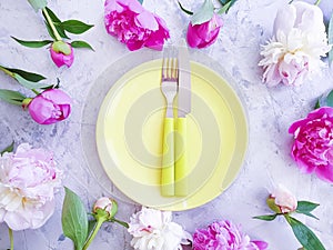 Peony flower template plate elegant contemporary arrangement on concrete background