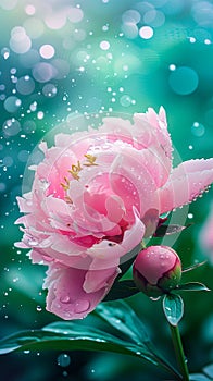 Peony flower, water drops, ai
