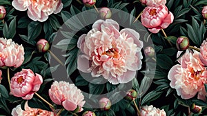peony flowers and buds against a dark background, creating a mesmerizing seamless pattern that evokes elegance and