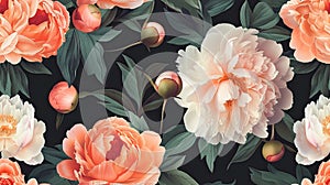 peony flowers and buds against a dark background, creating a mesmerizing seamless pattern that evokes elegance and