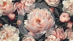 peony flowers and buds against a dark background, creating a mesmerizing seamless pattern that evokes elegance and