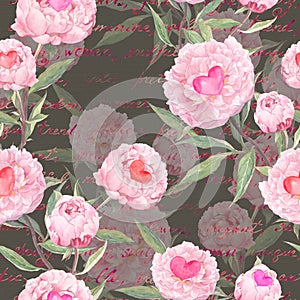 Peony flowers, hearts. Seamless floral pattern for Valentine day, wedding