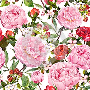 Peony flowers, red roses, sakura. Seamless floral background. Watercolor