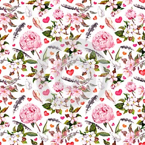 Peony flowers, sakura, feathers. Seamless floral pattern. Watercolor