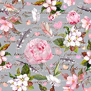 Peony flowers, sakura, feathers. Vintage seamless floral pattern with hand written letter.