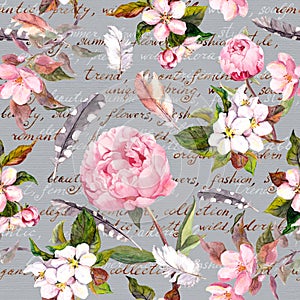 Peony flowers, sakura, feathers. Vintage seamless floral pattern with hand written letter for fashion design. Watercolor