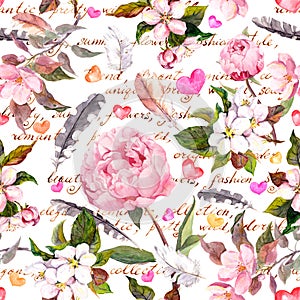 Peony flowers, sakura, feathers. Vintage seamless floral pattern with hand written letter. Watercolor