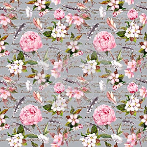 Peony flowers, sakura, feathers. Vintage seamless floral pattern with hand written letter. Watercolor