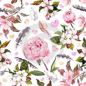 Peony flowers, sakura, feathers. Vintage seamless floral pattern. Watercolor