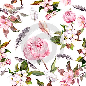 Peony flowers, sakura, feathers. Vintage seamless floral pattern. Watercolor