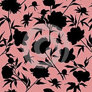 Peony flowers seamless pattern. Silhouettes pattern. Vector illustration Isolated on white background.