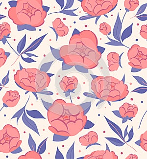 Peony flowers Seamless vector Pattern with leaves in pink and blue color on beige Background. Flat style floral illustration