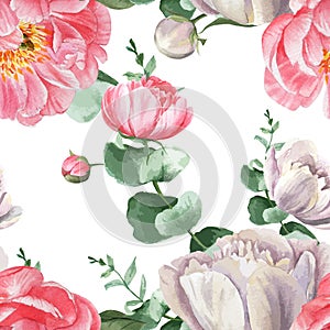 Peony flowers watercolo Pattern seamless floral botanical watercolour style vintage textile, aquarelle blossom design decor