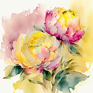 Peony flowers in watercolor style. Yellow and pink peony flowers in bloom