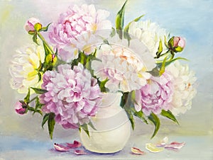 Peony flowers in a white vase photo