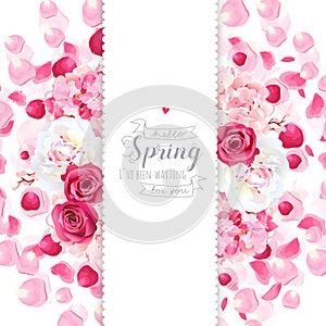 Peony, hydrangea, rose and flying petals vertical vector design