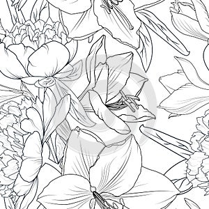 Peony and lily flowers seamless pattern texture. Black white greyscale realistic detailed line drawing outline sketch.