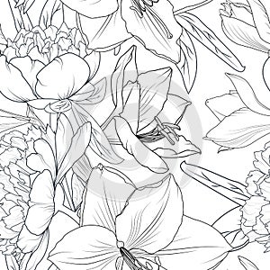 Peony and lily flowers seamless pattern texture. Black white greyscale realistic detailed line drawing outline sketch. photo