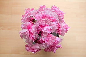 The peony or paeony pink flowers in the vase top view. Paeonia \