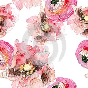 Peony with poppy and ranunculus seamless pattern, classic floral repeat background for web and print. Watercolor hand