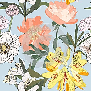 Peony, rhododendron, anemones flowers. Seamless pattern with vintage flowers. Floral blue background.