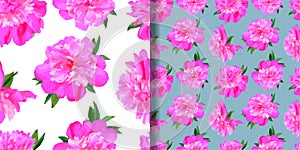 Peony Seamless Patterns set. Flowers backgrounds collection