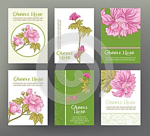 Peony. Set of six cards with traditional Japanese flowers. For t