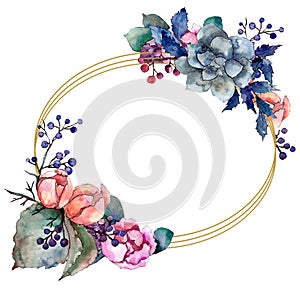 Peony and succulent bouquet floral flower. Watercolor background illustration set. Frame border ornament square.