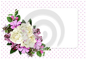 Peony and wild flowers composition on white card