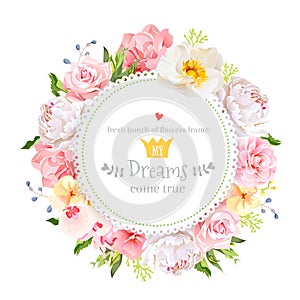 Peony, wild rose, orchid, carnation, camellia, hydrangea, blue berries and green leaves vector design round card